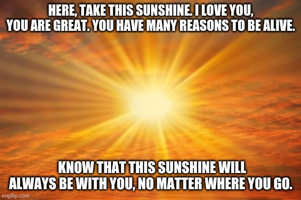 sunshine | HERE, TAKE THIS SUNSHINE. I LOVE YOU, YOU ARE GREAT. YOU HAVE MANY REASONS TO BE ALIVE. KNOW THAT THIS SUNSHINE WILL ALWAYS BE WITH YOU, NO  | image tagged in sunshine | made w/ Imgflip meme maker