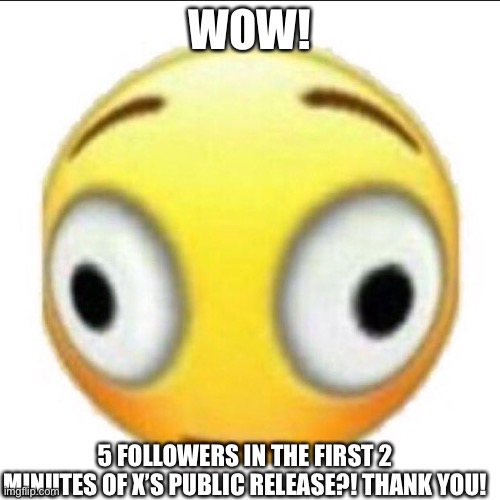 Thank you!!! |  WOW! 5 FOLLOWERS IN THE FIRST 2 MINUTES OF X’S PUBLIC RELEASE?! THANK YOU! | image tagged in bonk | made w/ Imgflip meme maker