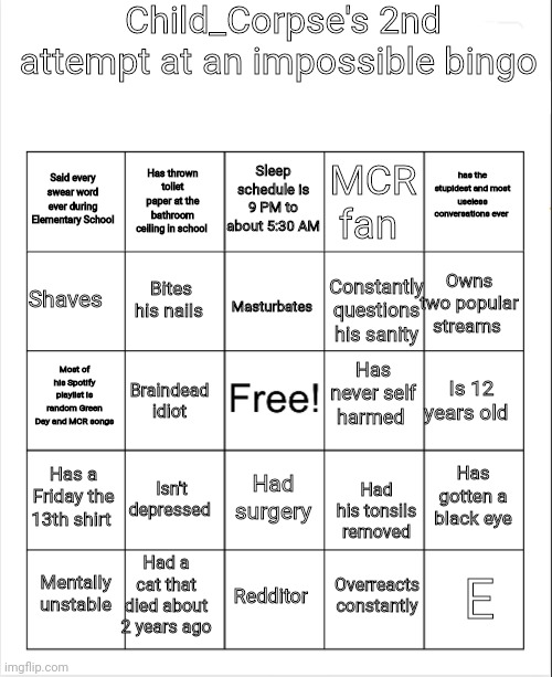 Blank Bingo | Child_Corpse's 2nd attempt at an impossible bingo; Sleep schedule is 9 PM to about 5:30 AM; Has thrown toliet paper at the bathroom ceiling in school; has the stupidest and most useless conversations ever; Said every swear word ever during Elementary School; MCR fan; Shaves; Owns two popular streams; Bites his nails; Masturbates; Constantly questions his sanity; Has never self harmed; Most of his Spotify playlist is random Green Day and MCR songs; Is 12 years old; Braindead idiot; Has a Friday the 13th shirt; Isn't depressed; Has gotten a black eye; Had surgery; Had his tonsils removed; Had a cat that died about 2 years ago; E; Mentally unstable; Redditor; Overreacts constantly | image tagged in blank bingo | made w/ Imgflip meme maker