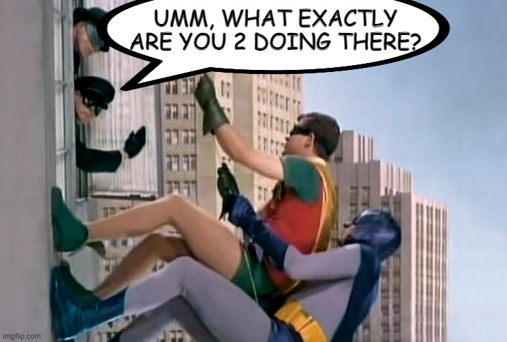 The Position | UMM, WHAT EXACTLY ARE YOU 2 DOING THERE? | image tagged in batman and robin climbing | made w/ Imgflip meme maker