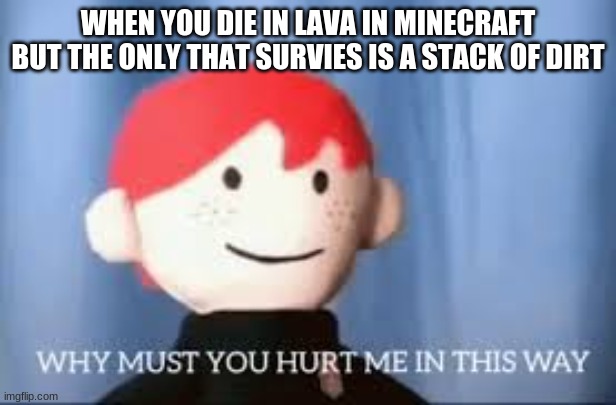 why | WHEN YOU DIE IN LAVA IN MINECRAFT BUT THE ONLY THAT SURVIES IS A STACK OF DIRT | image tagged in why must you hurt me in this way | made w/ Imgflip meme maker