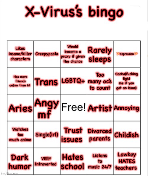 X-Virus bingo | image tagged in x-virus bingo | made w/ Imgflip meme maker
