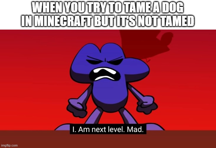 BFB I am next level mad | WHEN YOU TRY TO TAME A DOG IN MINECRAFT BUT IT'S NOT TAMED | image tagged in bfb i am next level mad | made w/ Imgflip meme maker