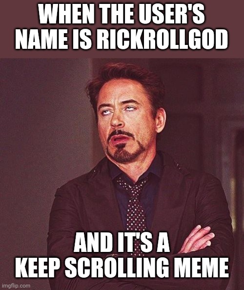 Robert Downey Jr Annoyed | WHEN THE USER'S NAME IS RICKROLLGOD AND IT'S A KEEP SCROLLING MEME | image tagged in robert downey jr annoyed | made w/ Imgflip meme maker