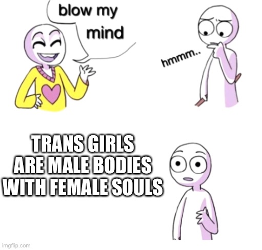 What do you think | TRANS GIRLS ARE MALE BODIES WITH FEMALE SOULS | image tagged in blow my mind,transgender | made w/ Imgflip meme maker