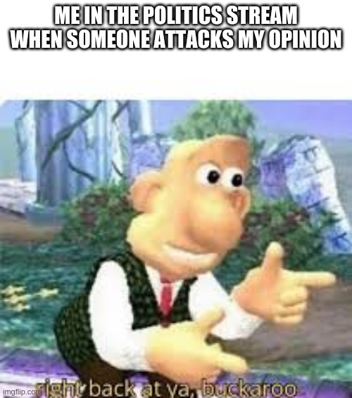 right back at ya, buckaroo | ME IN THE POLITICS STREAM WHEN SOMEONE ATTACKS MY OPINION | image tagged in right back at ya buckaroo | made w/ Imgflip meme maker