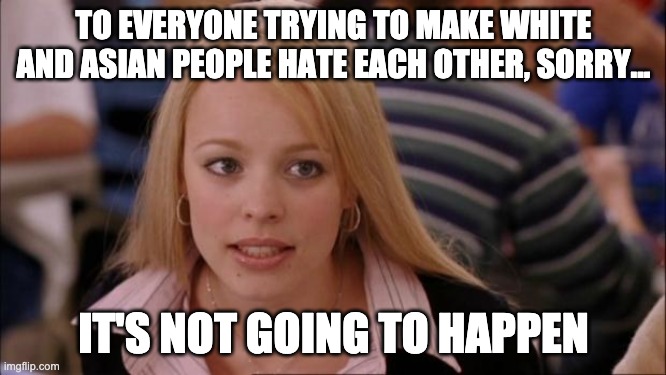 Its Not Going To Happen Meme | TO EVERYONE TRYING TO MAKE WHITE AND ASIAN PEOPLE HATE EACH OTHER, SORRY... IT'S NOT GOING TO HAPPEN | image tagged in memes,its not going to happen | made w/ Imgflip meme maker