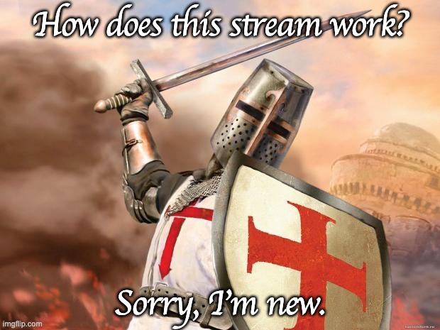im new | How does this stream work? Sorry, I'm new. | image tagged in crusader | made w/ Imgflip meme maker