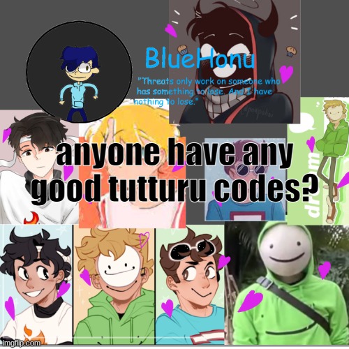 bluehonu's dream team template | anyone have any good tutturu codes? | image tagged in bluehonu's dream team template | made w/ Imgflip meme maker