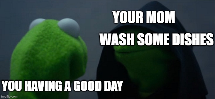 your mom is mad rn | YOUR MOM; WASH SOME DISHES; YOU HAVING A GOOD DAY | image tagged in memes,evil kermit | made w/ Imgflip meme maker