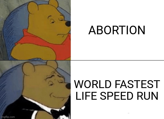 YES | ABORTION; WORLD FASTEST LIFE SPEED RUN | image tagged in memes,tuxedo winnie the pooh | made w/ Imgflip meme maker