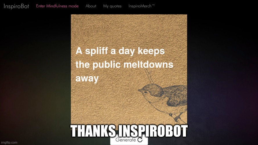 InspiroBot Is Insane | THANKS INSPIROBOT | image tagged in inspirational | made w/ Imgflip meme maker