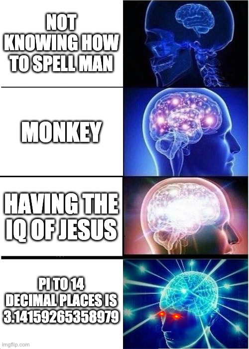 Expanding Brain | NOT KNOWING HOW TO SPELL MAN; MONKEY; HAVING THE IQ OF JESUS; PI TO 14 DECIMAL PLACES IS 3.14159265358979 | image tagged in memes,expanding brain | made w/ Imgflip meme maker