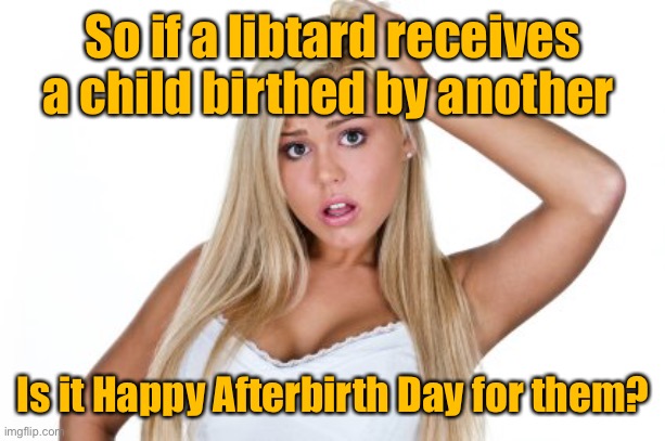 Dumb Blonde | So if a libtard receives a child birthed by another Is it Happy Afterbirth Day for them? | image tagged in dumb blonde | made w/ Imgflip meme maker