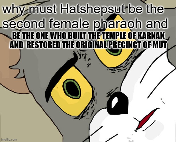 Unsettled Tom | why must Hatshepsut be the; second female pharaoh and; BE THE ONE WHO BUILT THE TEMPLE OF KARNAK AND  RESTORED THE ORIGINAL PRECINCT OF MUT | image tagged in memes,unsettled tom | made w/ Imgflip meme maker