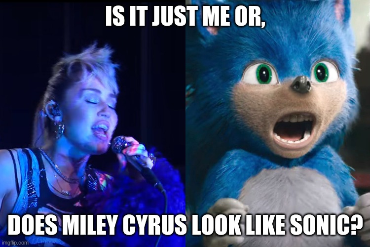 Miley Cyrus looks like Sonic | IS IT JUST ME OR, DOES MILEY CYRUS LOOK LIKE SONIC? | image tagged in miley cyrus,sonic the hedgehog,sonic | made w/ Imgflip meme maker