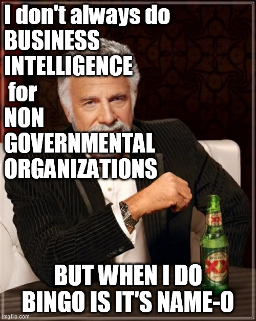 The Most Interesting Man In The World |  I don't always do
BUSINESS
INTELLIGENCE
 for
NON
GOVERNMENTAL
ORGANIZATIONS; BUT WHEN I DO BINGO IS IT'S NAME-O | image tagged in memes,the most interesting man in the world,bingo,reports | made w/ Imgflip meme maker