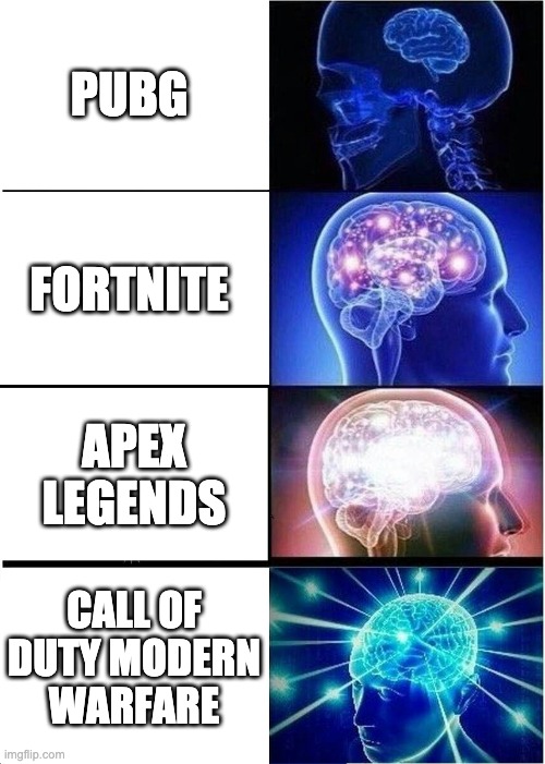 MEME | PUBG; FORTNITE; APEX LEGENDS; CALL OF DUTY MODERN WARFARE | image tagged in memes,expanding brain | made w/ Imgflip meme maker