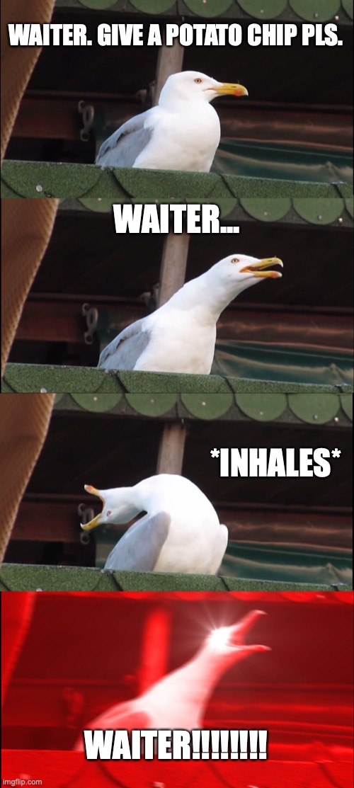 Inhaling Seagull Meme | WAITER. GIVE A POTATO CHIP PLS. WAITER... *INHALES*; WAITER!!!!!!!! | image tagged in memes,inhaling seagull | made w/ Imgflip meme maker