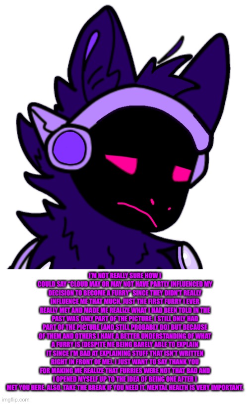 I’m sorry I never really interacted with you that much Cloud. | I’M NOT REALLY SURE HOW I COULD SAY “CLOUD MAY OR MAY NOT HAVE PARTLY INFLUENCED MY DECISION TO BECOME A FURRY” SINCE THEY DIDN’T REALLY INFLUENCE ME THAT MUCH, JUST THE FIRST FURRY I EVER REALLY MET AND MADE ME REALIZE WHAT I HAD BEEN TOLD IN THE PAST WAS ONLY PART OF THE PICTURE. I STILL ONLY HAD PART OF THE PICTURE (AND STILL PROBABLY DO) BUT BECAUSE OF THEM AND OTHERS I HAVE A BETTER UNDERSTANDING OF WHAT A FURRY IS (DESPITE ME BEING BARELY ABLE TO EXPLAIN IT SINCE I’M BAD AT EXPLAINING STUFF THAT ISN’T WRITTEN RIGHT IN FRONT OF ME). I JUST WANT TO SAY THANK YOU FOR MAKING ME REALIZE THAT FURRIES WERE NOT THAT BAD AND I OPENED MYSELF UP TO THE IDEA OF BEING ONE AFTER I MET YOU HERE. ALSO, TAKE THE BREAK IF YOU NEED IT. MENTAL HEALTH IS VERY IMPORTANT. | made w/ Imgflip meme maker