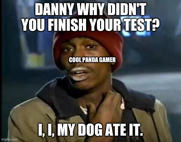Danny Why didn't you finish your test? | DANNY WHY DIDN'T YOU FINISH YOUR TEST? COOL PANDA GAMER; I, I, MY DOG ATE IT. | image tagged in memes,y'all got any more of that | made w/ Imgflip meme maker