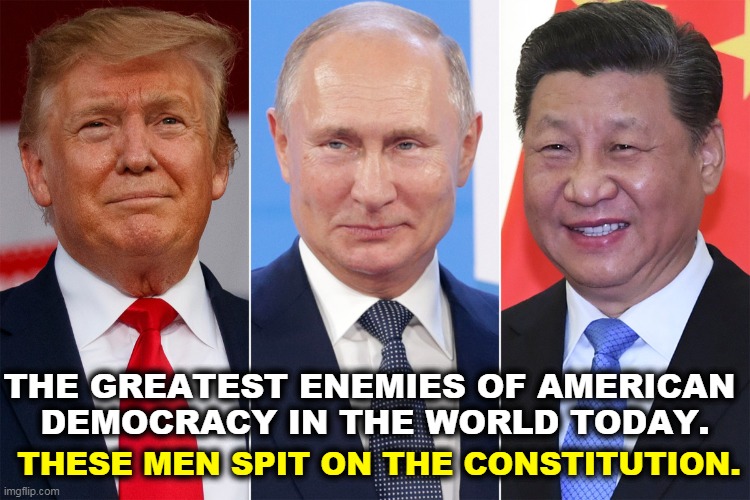 The Cult of Personality | THESE MEN SPIT ON THE CONSTITUTION. THE GREATEST ENEMIES OF AMERICAN 
DEMOCRACY IN THE WORLD TODAY. | image tagged in enemies of american democracy trump putin xi,enemies,democracy,trump,putin,xi | made w/ Imgflip meme maker
