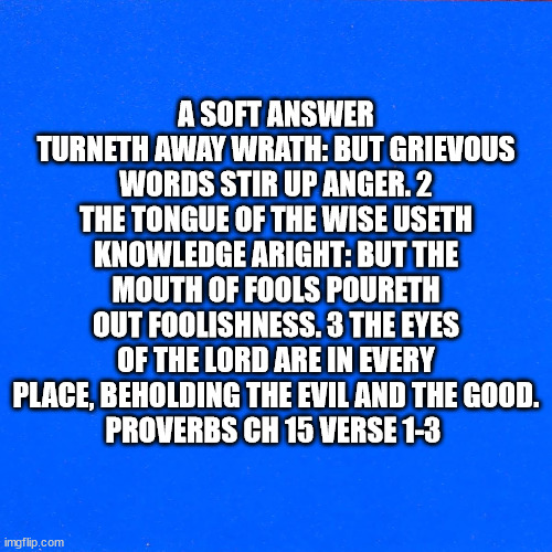 Proverbs Chapter 15 Verse 1 thru 3 | A SOFT ANSWER TURNETH AWAY WRATH: BUT GRIEVOUS WORDS STIR UP ANGER. 2 THE TONGUE OF THE WISE USETH KNOWLEDGE ARIGHT: BUT THE MOUTH OF FOOLS POURETH OUT FOOLISHNESS. 3 THE EYES OF THE LORD ARE IN EVERY PLACE, BEHOLDING THE EVIL AND THE GOOD.
PROVERBS CH 15 VERSE 1-3 | image tagged in bible verse,proverbs,proverbs ch15 v1-3 | made w/ Imgflip meme maker