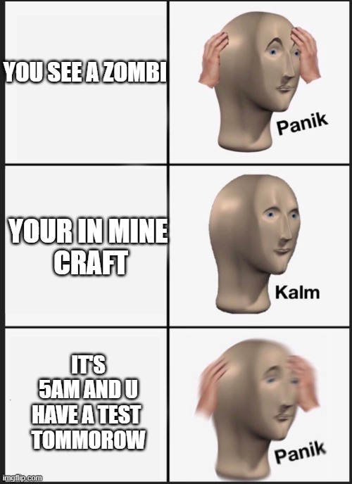 E | YOU SEE A ZOMBI; YOUR IN MINE 
CRAFT; IT'S 5AM AND U HAVE A TEST 
TOMMOROW | image tagged in panik calm panik | made w/ Imgflip meme maker