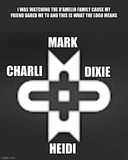 I WAS WATCHING THE D'AMELIO FAMILY CAUSE MY FRIEND DARED ME TO AND THIS IS WHAT THE LOGO MEANS; MARK; CHARLI; DIXIE; HEIDI | made w/ Imgflip meme maker