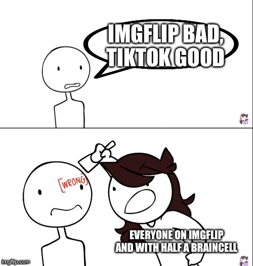 I’m not trying to roast TikTok here but seriously. |  IMGFLIP BAD, TIKTOK GOOD; EVERYONE ON IMGFLIP AND WITH HALF A BRAINCELL | image tagged in jaiden animation wrong,imgflip,tiktok,tiktok sucks,oof,memes | made w/ Imgflip meme maker