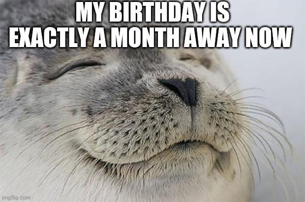 I'm Excited But Nervous | MY BIRTHDAY IS EXACTLY A MONTH AWAY NOW | image tagged in memes,satisfied seal | made w/ Imgflip meme maker