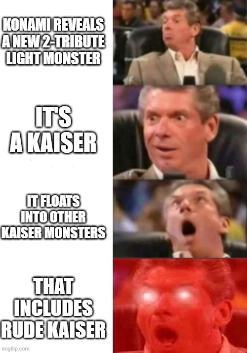 Kaiser Roll? | KONAMI REVEALS A NEW 2-TRIBUTE LIGHT MONSTER; IT'S A KAISER; IT FLOATS INTO OTHER KAISER MONSTERS; THAT INCLUDES RUDE KAISER | image tagged in mr mcmahon reaction | made w/ Imgflip meme maker