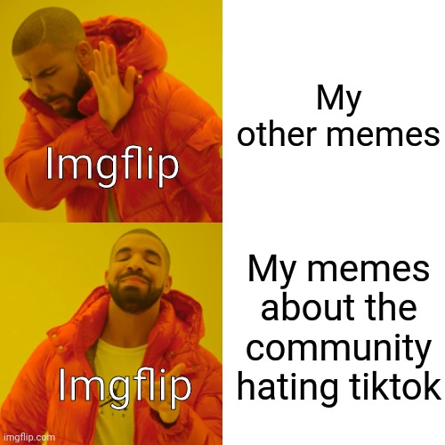 Drake Hotline Bling | My other memes; Imgflip; My memes about the community hating tiktok; Imgflip | image tagged in memes,drake hotline bling | made w/ Imgflip meme maker