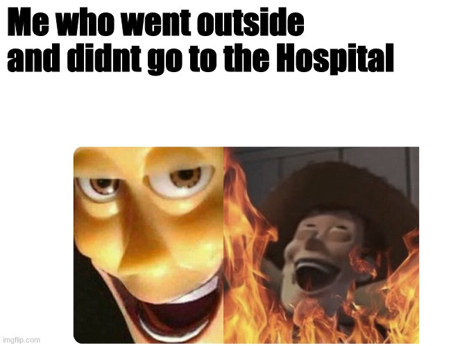 Satanic Woody | Me who went outside and didnt go to the Hospital | image tagged in satanic woody | made w/ Imgflip meme maker