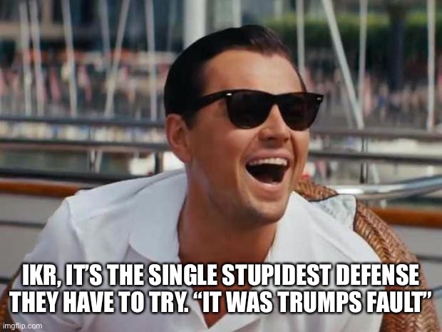 haha | IKR, IT’S THE SINGLE STUPIDEST DEFENSE THEY HAVE TO TRY. “IT WAS TRUMPS FAULT” | image tagged in haha | made w/ Imgflip meme maker