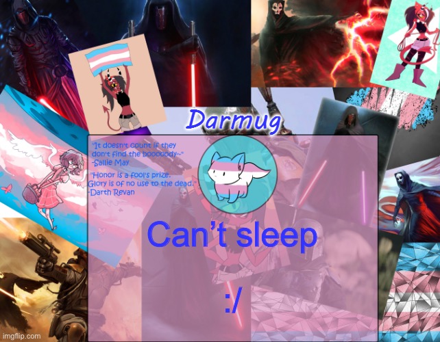 Darmug's announcement template | Can’t sleep; :/ | image tagged in darmug's announcement template | made w/ Imgflip meme maker