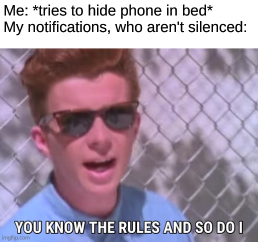 Image Title | Me: *tries to hide phone in bed*
My notifications, who aren't silenced: | image tagged in rick astley you know the rules | made w/ Imgflip meme maker