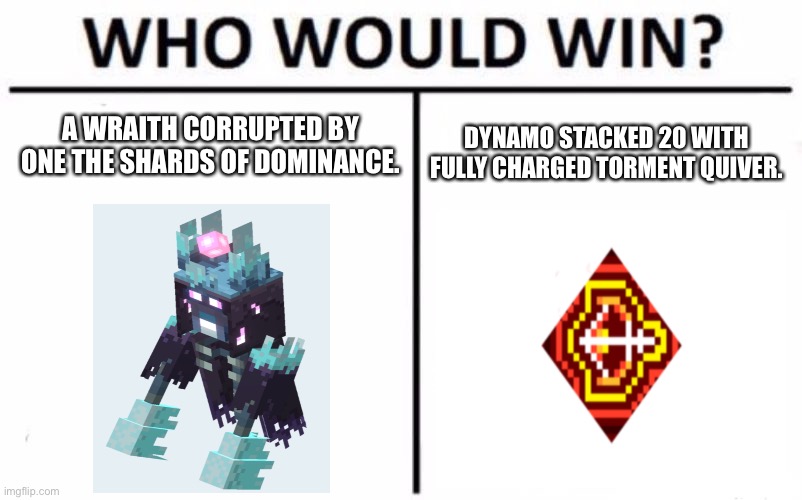 The wretched wraith vs dynamo. | A WRAITH CORRUPTED BY ONE THE SHARDS OF DOMINANCE. DYNAMO STACKED 20 WITH FULLY CHARGED TORMENT QUIVER. | image tagged in who would win | made w/ Imgflip meme maker