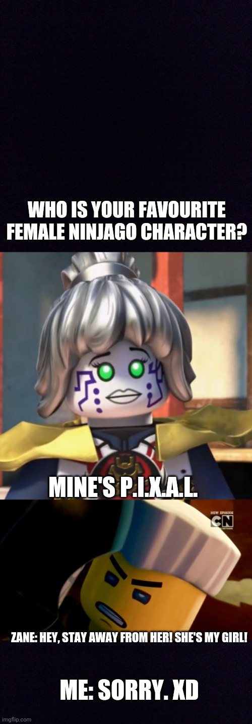 Your fav female Ninjago character | WHO IS YOUR FAVOURITE FEMALE NINJAGO CHARACTER? MINE'S P.I.X.A.L. ZANE: HEY, STAY AWAY FROM HER! SHE'S MY GIRL! ME: SORRY. XD | image tagged in black screen,ninjago | made w/ Imgflip meme maker