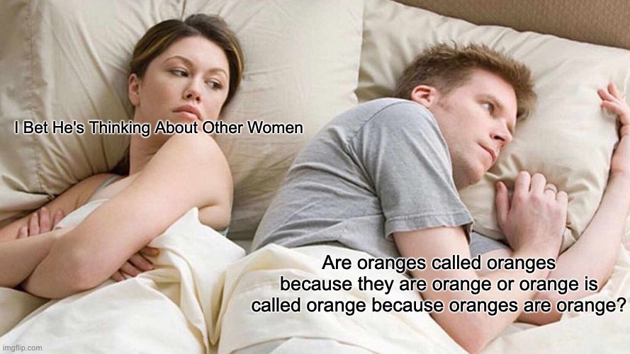I Bet He's Thinking About Other Women Meme | I Bet He's Thinking About Other Women; Are oranges called oranges because they are orange or orange is called orange because oranges are orange? | image tagged in memes,i bet he's thinking about other women | made w/ Imgflip meme maker
