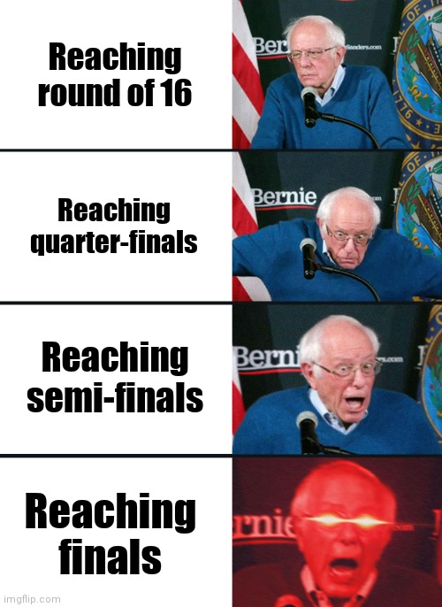 My year of supporting Chelsea in a nutshell | Reaching round of 16; Reaching quarter-finals; Reaching semi-finals; Reaching finals | image tagged in bernie sanders reaction nuked | made w/ Imgflip meme maker