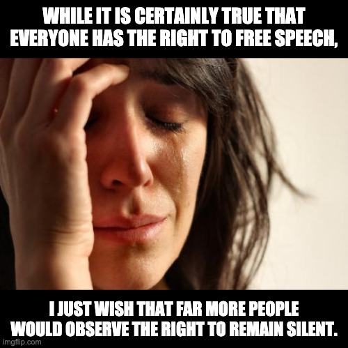 Rights | WHILE IT IS CERTAINLY TRUE THAT EVERYONE HAS THE RIGHT TO FREE SPEECH, I JUST WISH THAT FAR MORE PEOPLE WOULD OBSERVE THE RIGHT TO REMAIN SILENT. | image tagged in memes,first world problems | made w/ Imgflip meme maker