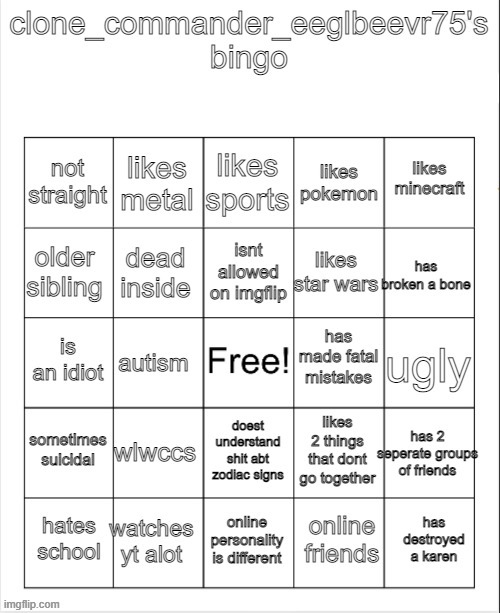 eeglbeevr75's bingo | image tagged in eeglbeevr75's bingo | made w/ Imgflip meme maker