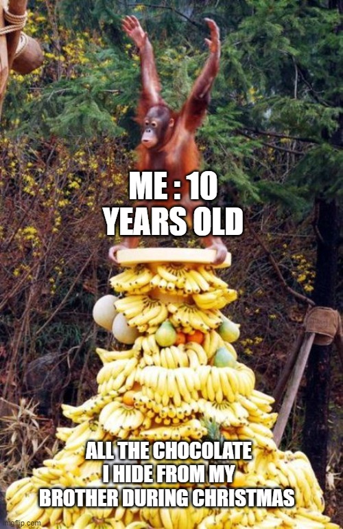 Chocolate | ME : 10 YEARS OLD; ALL THE CHOCOLATE I HIDE FROM MY BROTHER DURING CHRISTMAS | image tagged in monkey,banana,children,chocolate | made w/ Imgflip meme maker