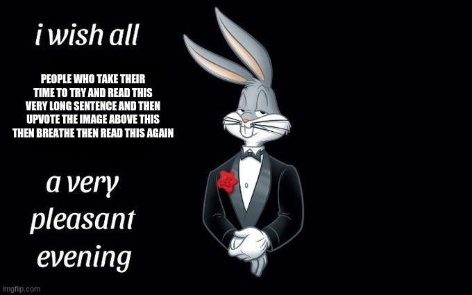 I wish all the X a very pleasant evening | PEOPLE WHO TAKE THEIR TIME TO TRY AND READ THIS VERY LONG SENTENCE AND THEN UPVOTE THE IMAGE ABOVE THIS THEN BREATHE THEN READ THIS AGAIN | image tagged in i wish all the x a very pleasant evening | made w/ Imgflip meme maker