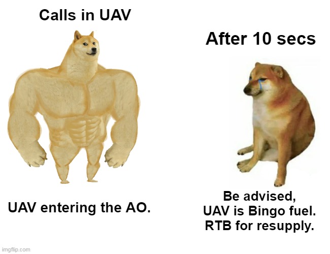 Warzone UAV time should be buffed a little. | Calls in UAV; After 10 secs; Be advised,
 UAV is Bingo fuel. 
RTB for resupply. UAV entering the AO. | image tagged in memes,buff doge vs cheems,warzone,uav,warzonememe | made w/ Imgflip meme maker