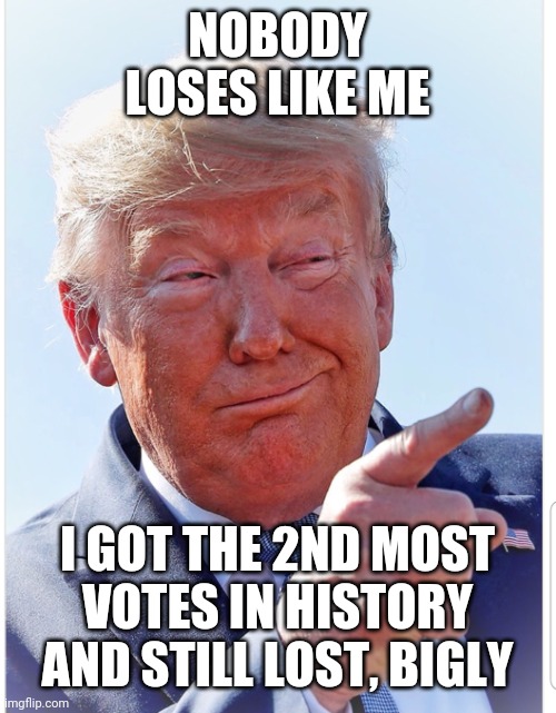 Trump pointing | NOBODY LOSES LIKE ME; I GOT THE 2ND MOST VOTES IN HISTORY AND STILL LOST, BIGLY | image tagged in trump pointing | made w/ Imgflip meme maker