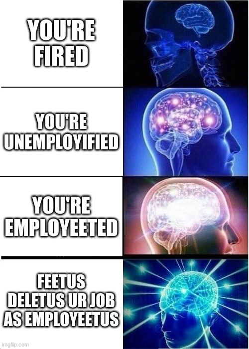 upgraded an old joke | YOU'RE FIRED; YOU'RE UNEMPLOYIFIED; YOU'RE EMPLOYEETED; FEETUS DELETUS UR JOB AS EMPLOYEETUS | image tagged in memes,expanding brain,old joke,upgraded,fetus deletus | made w/ Imgflip meme maker