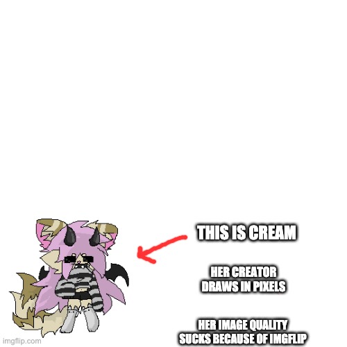 Blank Transparent Square Meme | THIS IS CREAM; HER CREATOR DRAWS IN PIXELS; HER IMAGE QUALITY SUCKS BECAUSE OF IMGFLIP | image tagged in memes | made w/ Imgflip meme maker