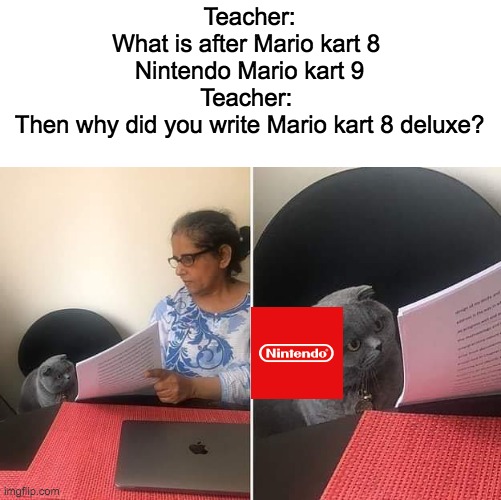Woman showing paper to cat | Teacher:
What is after Mario kart 8 
Nintendo Mario kart 9
Teacher: 
Then why did you write Mario kart 8 deluxe? | image tagged in woman showing paper to cat,nintendo,mario kart | made w/ Imgflip meme maker